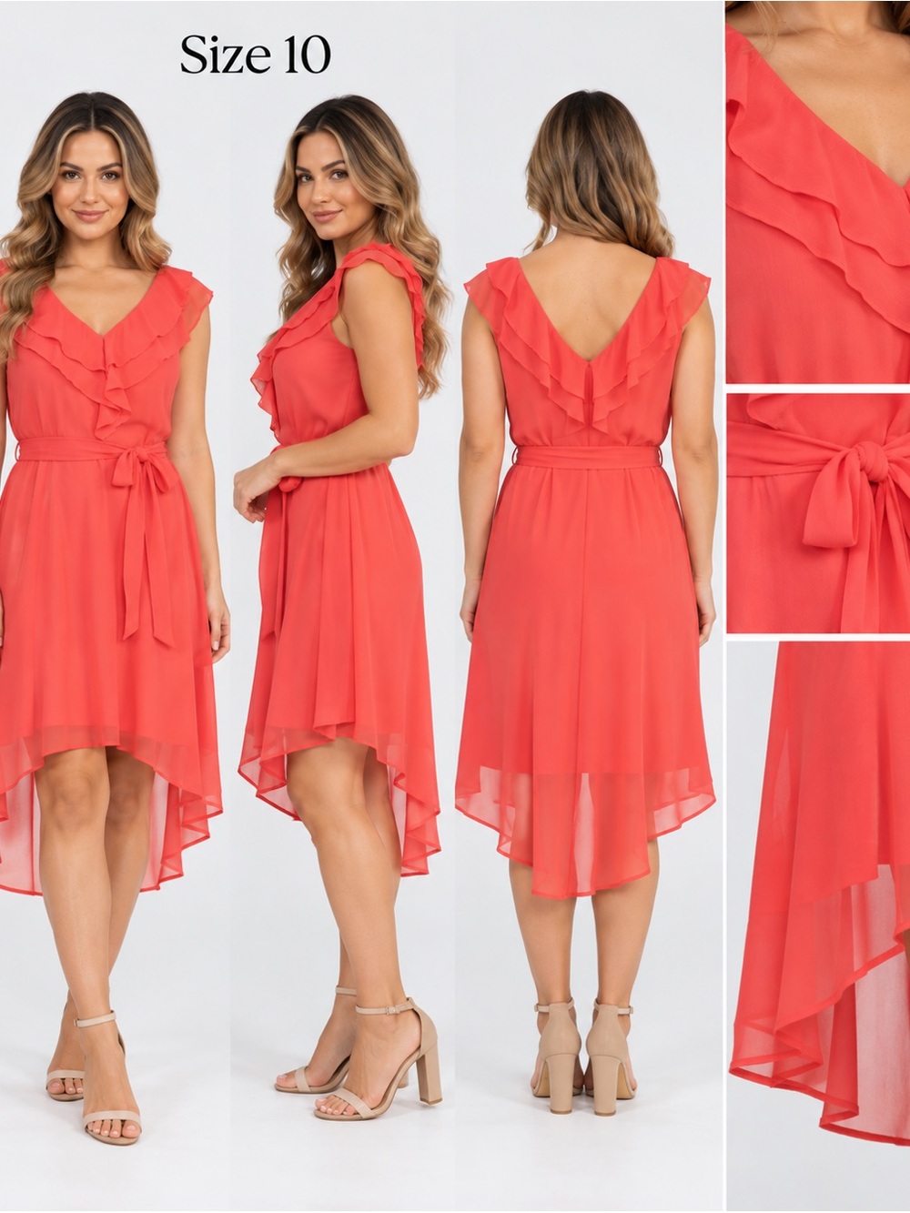 DKNY Coral Ruffle High-Low V-Neck Dress with Waist Tie